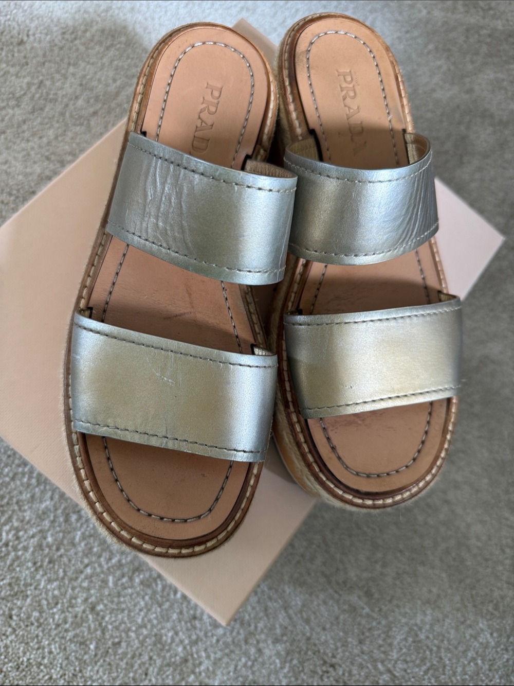 Prada Metallic Gold Double-Strap Platform Sandals - Women size 38/ 7.5